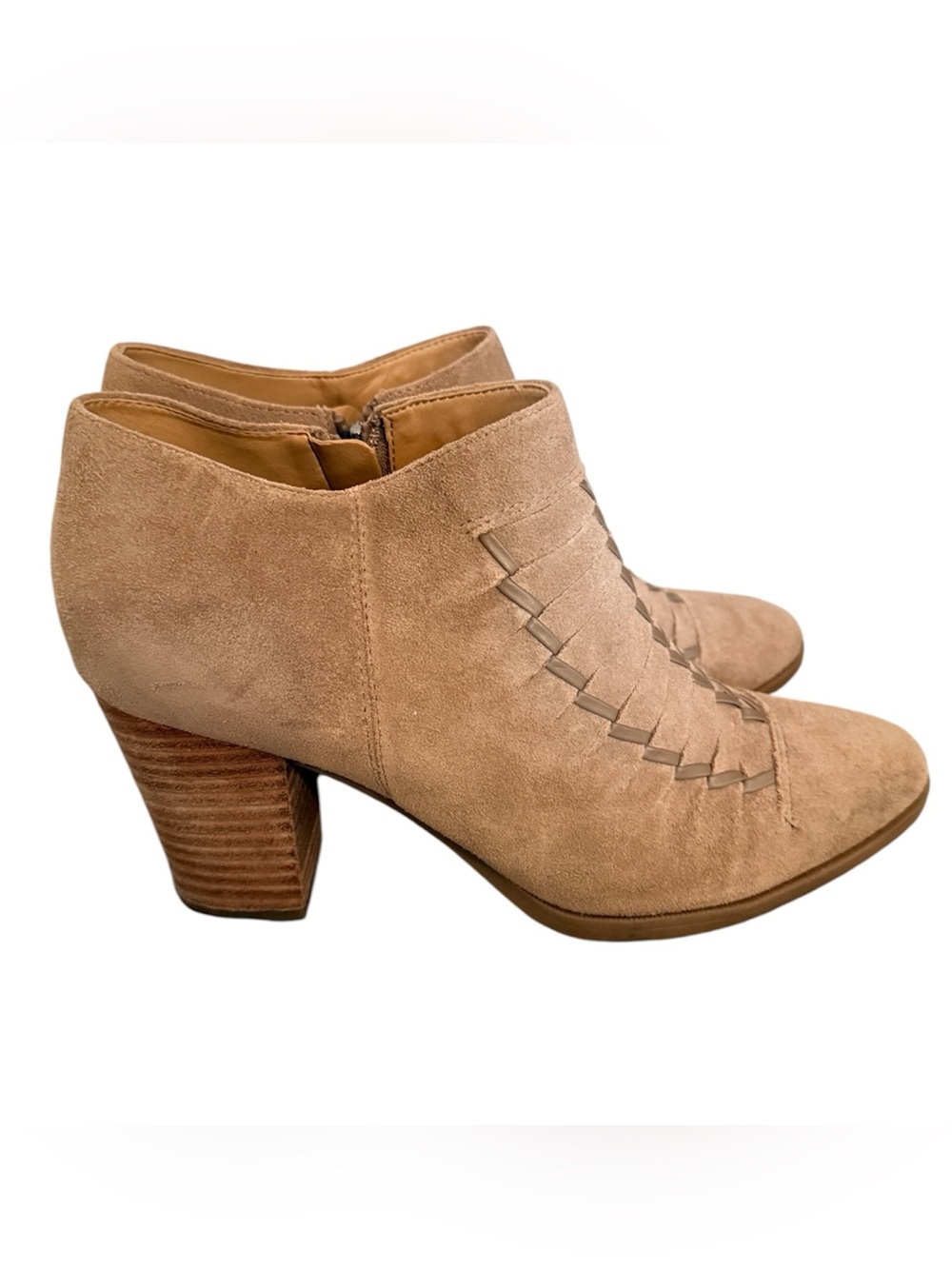Franco Sarto L-Destiny Taupe Suede Leather Ankle Boots Woven Detail 3” Heel
